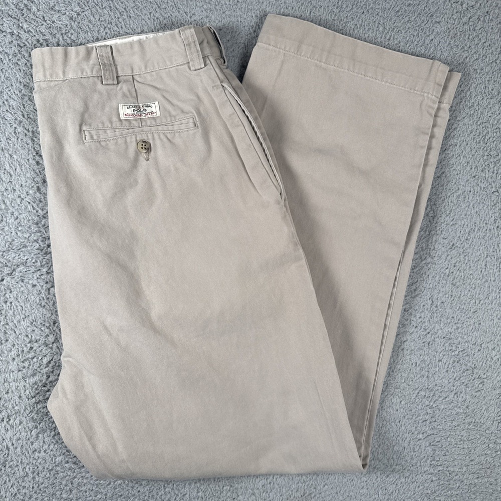 Polo Ralph Lauren Philip Pants Mens 36x32(36x30) Beige Flat Front Cotton Vintage